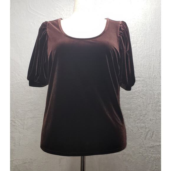 Maurices Velour Blouse Plus Sz 1X Espresso Brown Scoop Neck Puff Sleeve Stretch - Picture 1 of 8